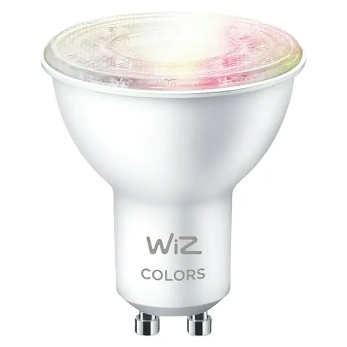 Philips Wiz Bombilla LED inteligente WIFI - GU10, Capacidad de atenuación: Intensidad regulable, Multicolor, 345 lm, 4,8 W - La imagen muestra una bombilla inteligente WiZ con capacidades de cambio de color, promoviendo una experiencia de iluminación moderna y energéticamente eficiente.