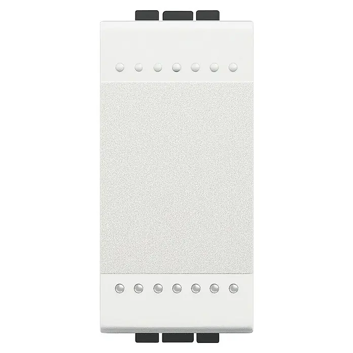 Bticino Living Light Pulsador Basculante 1M - Blanco, Instalar, Plástico, 16 A - Primer plano de un panel de control de pantalla táctil rectangular blanco con detalles plateados y una sección central texturizada.