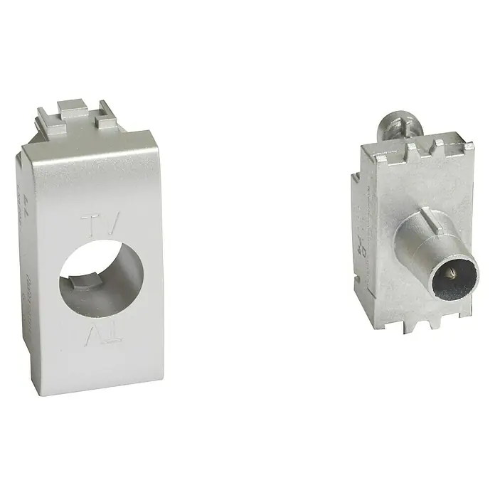 Bticino Pieza insertada para caja de antena - x 1 - Dos módulos de conexión de TV plateados, uno con una abertura y otro con un conector coaxial, sobre fondo negro.