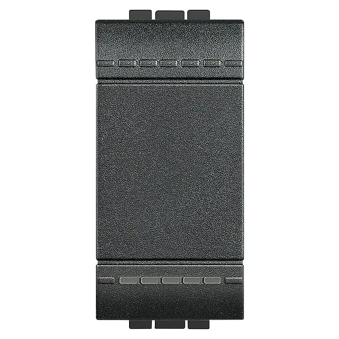 Bticino Living Light Cruzamiento basculante 1M - Antracita, Colocar, Plástico, 16 A - Primer plano de un elemento de interruptor de plástico antracita con una superficie ligeramente rugosa y elementos de diseño rectangulares.