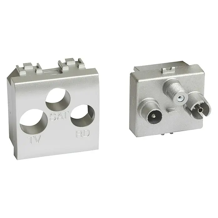 Legrand Pieza insertada para caja de antena - x 2 - Dos cajas de conexión de TV plateadas con conexiones para TV, satélite y radio.