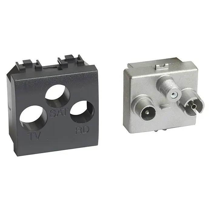 Legrand Pieza insertada para caja de antena - x 2 - Primer plano de un divisor de TV/Sat, que admite frecuencias de TV, satélite y radio para uso doméstico, con una carcasa negra y un divisor plateado.