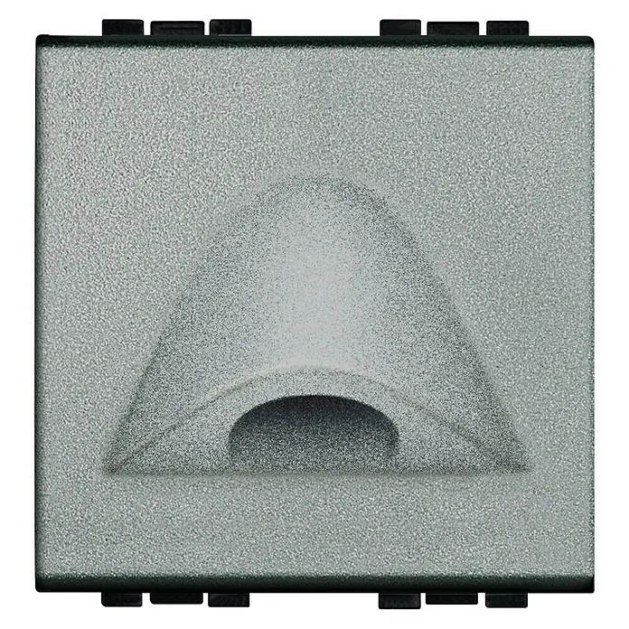 Bticino Living Light Pasacables - Plateado, Diámetro: 9 mm - Primer plano de una luz LED rectangular gris para hueco de escalera, con un hueco semicircular para la luz.