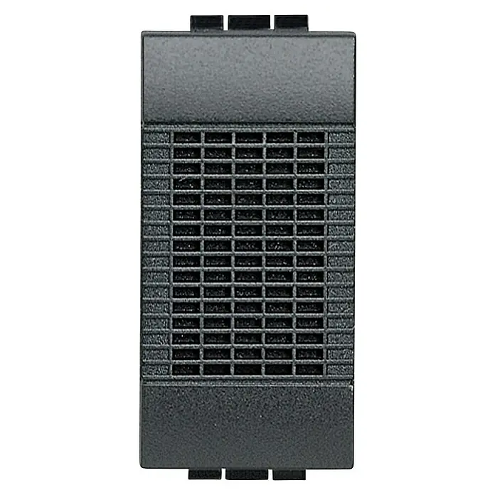 Bticino Living Light Pulsador para estancias con humedad - Antracita, Montaje en superficie - Primer plano de un interruptor negro con un patrón de rejilla texturizado diseñado para interiores modernos. Diseño elegante de interruptor.