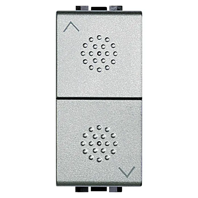 Bticino Living Light Pulsador Doble 1M - Plateado, x 1, Plástico, Instalar - Interruptor plateado de persiana enrollable con flecha arriba y flecha abajo y patrón de puntos para facilitar su uso.