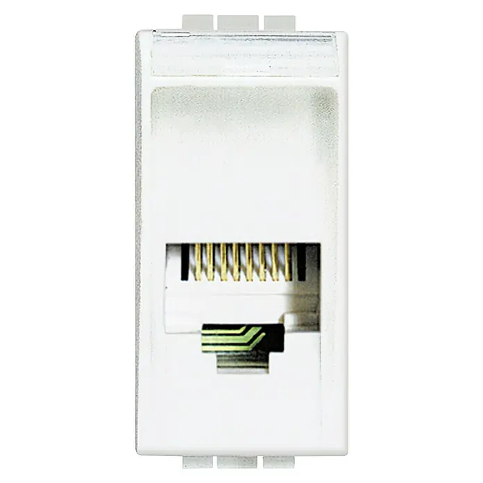 Bticino Living Light Toma de teléfono RJ11 - Blanco, Instalar - Primer plano de un conector de pared RJ45 blanco con contactos dorados para conectividad de red.