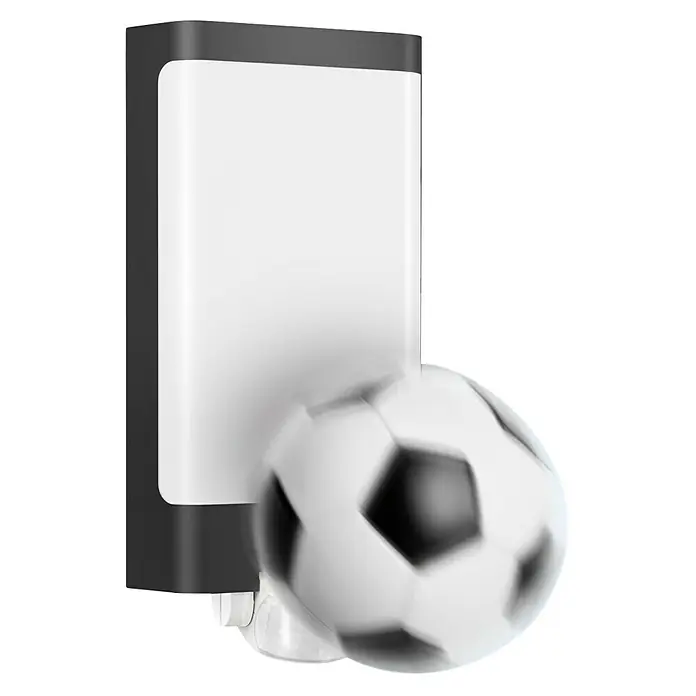 Steinel LED-Sensor-Außenwandleuchte L 240 S anthrazit - 9,3 W, L x B x H: 8,1 x 16,5 x 30,5 cm, Anthrazit/Weiß, Warmweiß - Das Bild zeigt eine moderne Lampe mit einem Fußball davor, ideal für Sportbegeisterte. Die Lampe bietet stilvolle Beleuchtung für jeden Raum.