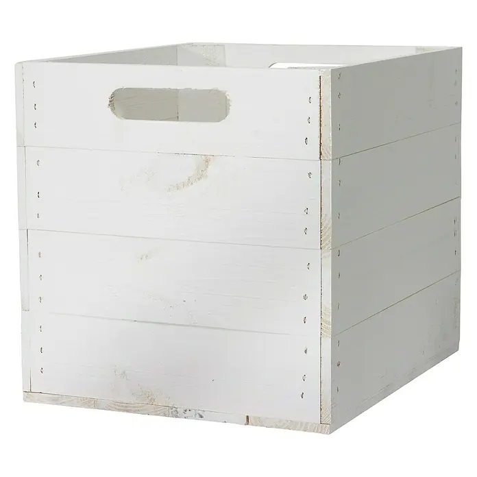 Holzkiste weiß mit Eingriffen - L x B x H: 32,5 x 33 x 37,5 cm, Weiß, 2 Eingriffe - Weißer Holzkasten mit Tragegriff, ideal zur Aufbewahrung und Organisation. Praktisch und dekorativ für jedes Zuhause mit rustikalem Charme.