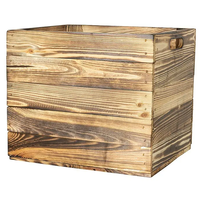 Holzkiste geflammt mit Eingriffen - L x B x H: 32,5 x 33 x 37,5 cm, Natur, 2 Eingriffe - Braune Holzkiste mit rustikalem Charme. Ideal zur Aufbewahrung oder als dekoratives Element. Vielseitig einsetzbar & robust.