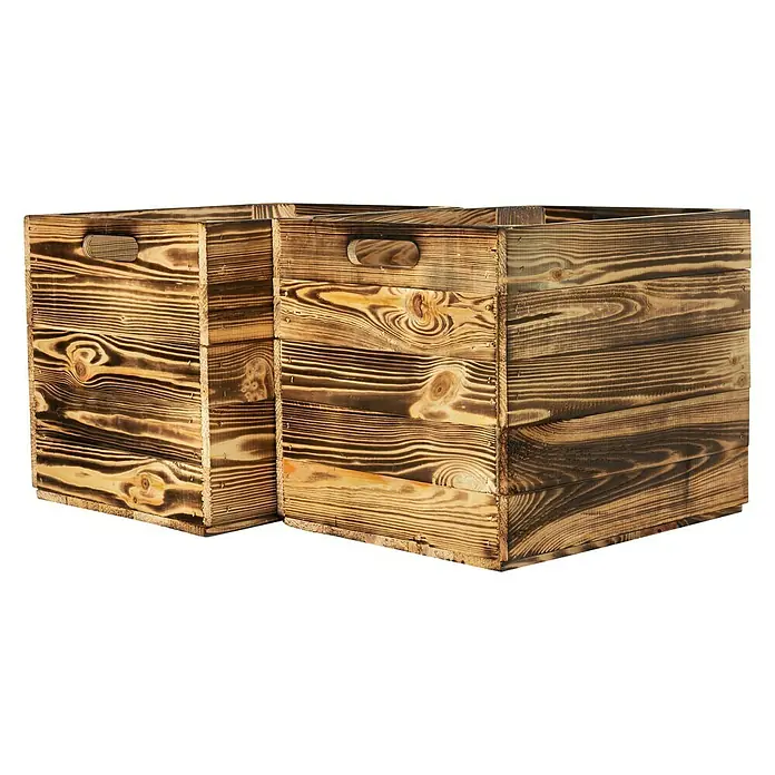Holzkiste geflammt mit Eingriffen - L x B x H: 32,5 x 33 x 37,5 cm, Natur, 2 Eingriffe - Zwei rustikale Holzkisten mit praktischen Griffen, ideal zur Aufbewahrung und Dekoration im Vintage-Stil. Natürliche Holzmaserung und dunkle Akzente.