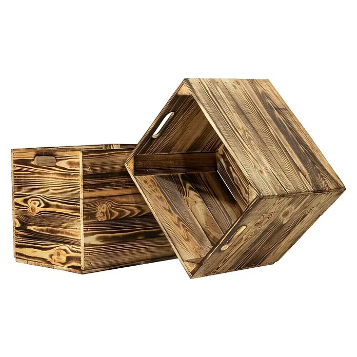 Holzkiste geflammt mit Eingriffen - L x B x H: 32,5 x 33 x 37,5 cm, Natur, 2 Eingriffe - Zwei rustikale Holzkisten mit Tragegriffen, die sich ideal zur Aufbewahrung oder als dekorative Elemente eignen.