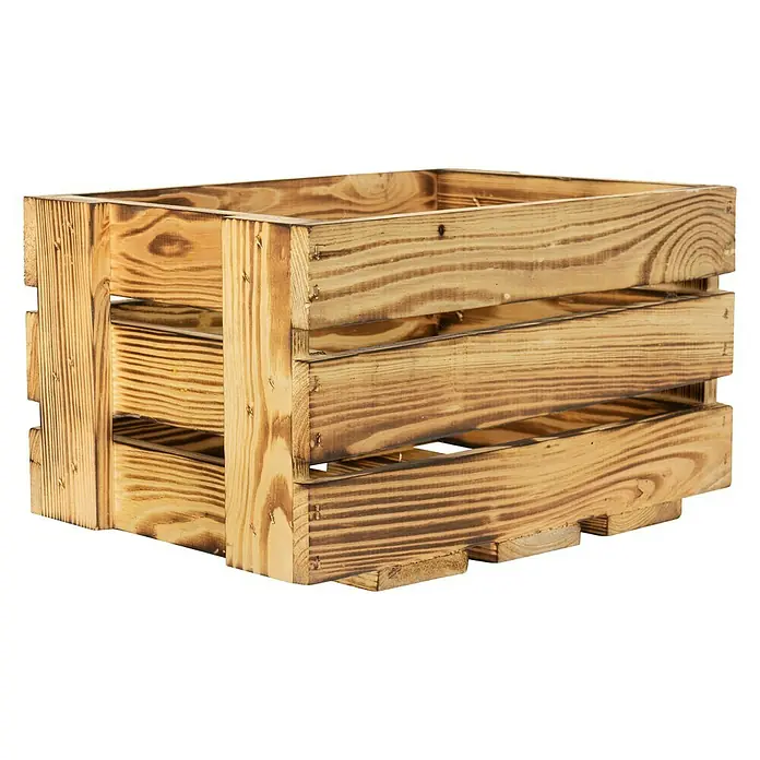 Holzkiste Weinkiste Mini - 19 x 34 x 23 cm, Braun - Holzkiste: Rustikale Holzkiste, ideal zur Aufbewahrung oder als dekoratives Element, mit sichtbarer Holzmaserung und dunklen Akzenten.