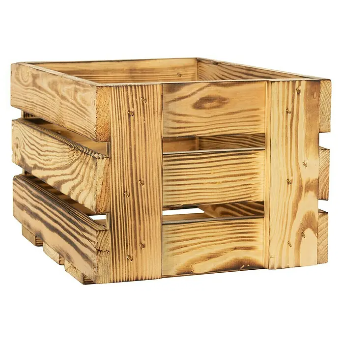 Holzkiste Weinkiste Mini - 19 x 34 x 23 cm, Braun - Eine rustikale Holzkiste mit sichtbarer Holzmaserung und Nageldetails, ideal für Aufbewahrung oder Dekoration.
