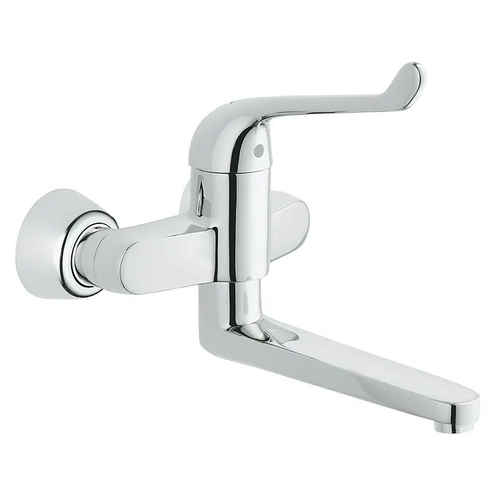 Grohe Euroeco Special Waschtischarmatur - Wandmontage, Chrom, Glänzend, Ausladung Armatur: 256 mm, Ohne Zugstange - Nahaufnahme eines glänzenden Chrom-Wandmontage-Wasserhahns mit einem Einhebelgriff, der sich von einem schwarzen Hintergrund abhebt.