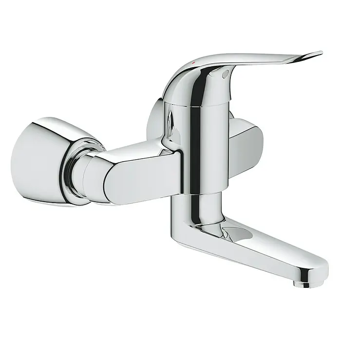 Grohe Euroeco Special Waschtischarmatur - Wandmontage, Chrom, Glänzend, Ausladung Armatur: 214 mm, Mit absperrbaren S-Anschlüssen - Nahaufnahme einer glänzenden, verchromten Küchenarmatur mit einem Hebel und einem Auslauf, die auf einem schwarzen Hintergrund montiert ist.