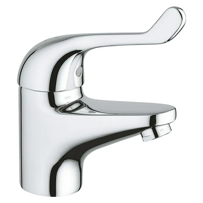 Grohe Waschtischarmatur Euroeco Special SMB - Chrom, Glänzend - Glänzender Chrom-Wasserhahn mit geschwungenem Griff auf schwarzem Hintergrund.