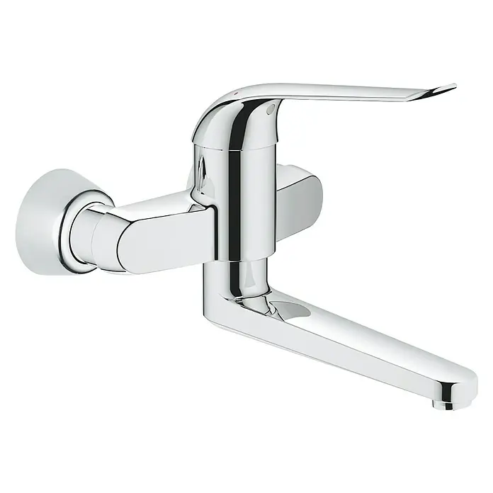 Grohe Euroeco Special Waschtischarmatur - Wandmontage, Chrom, Glänzend, Ausladung Armatur: 257 mm - Nahaufnahme einer glänzenden Chrom-Wandarmatur, die ein elegantes und modernes Design für Badezimmer oder Küchen zeigt.