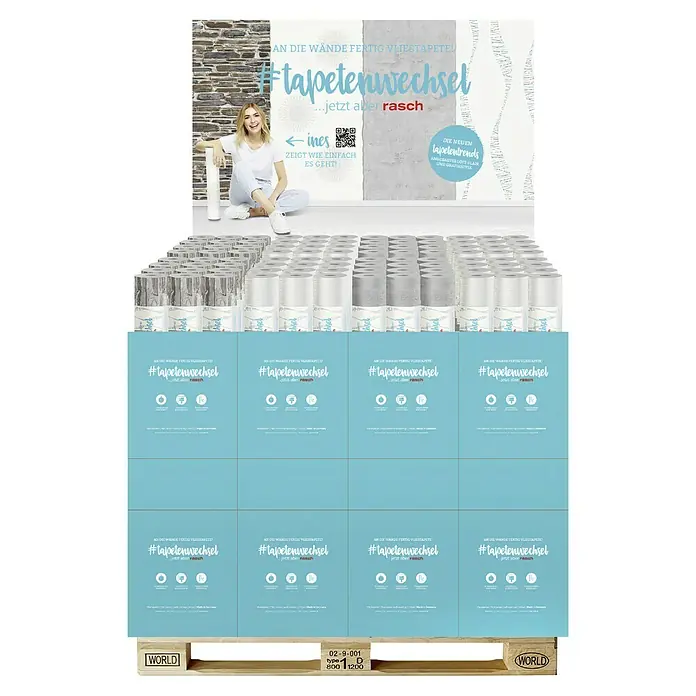 Rasch Tapetenwechsel Vliestapete - Beige, Betonoptik, 10,05 x 0,53 m - Produktpalette von #tapetenwechsel Vliestapeten, die auf einer Holzpalette präsentiert werden. Ideal für schnelle Tapetenwechsel.