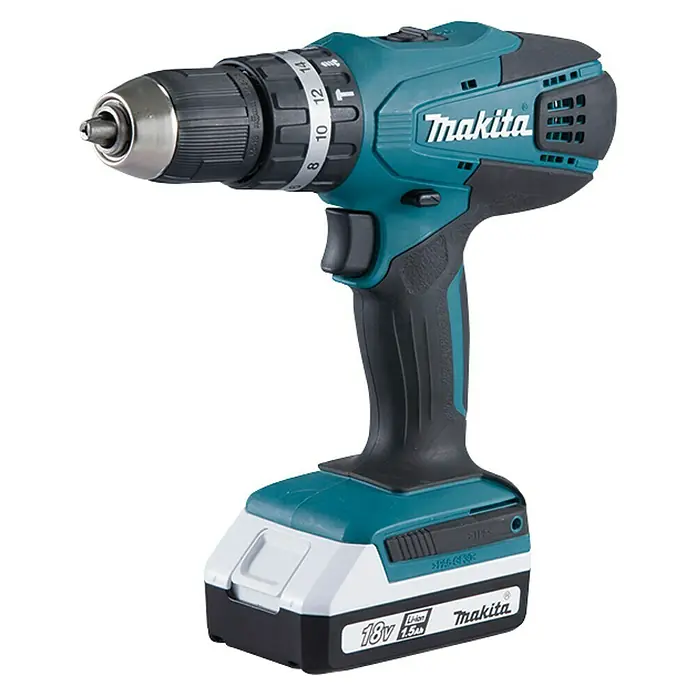 Makita Taladro atornillador percutor de batería HP457DWE - 18 V, 2 baterías, 1,5 Ah, 42 Nm - Un taladro inalámbrico Makita con batería de iones de litio de 18V y un robusto mandril para trabajos precisos en taller y pasatiempos.