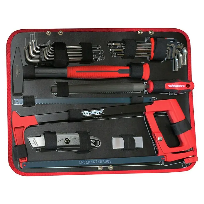 Wisent Werkzeugkoffer VDE - L x B x H: 465 x 365 x 155 mm, 136 -tlg. - Werkzeugsatz in roter und schwarzer Tasche, inklusive Schraubenschlüssel, Hammer, Säge und Messer, ideal für Heimwerker und Profis.