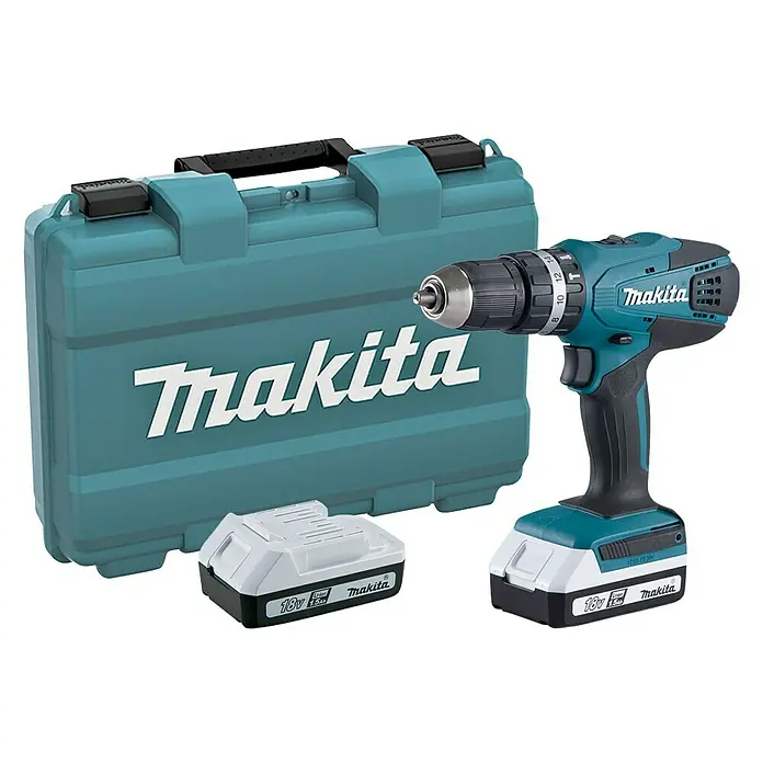 Makita Taladro atornillador percutor de batería HP457DWE - 18 V, 2 baterías, 1,5 Ah, 42 Nm - Kit de taladro inalámbrico Makita con dos baterías, cargador y maletín para uso profesional en obras y talleres.