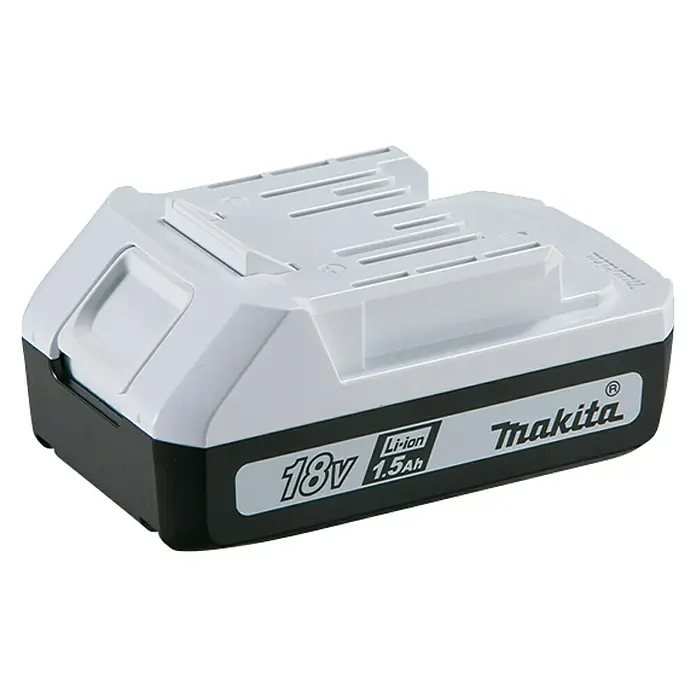 Makita Taladro atornillador percutor de batería HP457DWE - 18 V, 2 baterías, 1,5 Ah, 42 Nm - Batería Makita 18V Li-Ion con capacidad de 1.5Ah. La batería es blanca y negra, ideal para herramientas eléctricas inalámbricas.