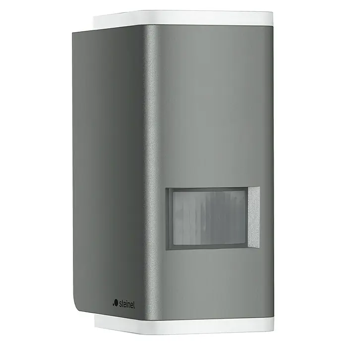 Steinel LED-Außenwandleuchte L 930 S anthrazit - 9,3 W, 92 x 63 x 137 mm, IP44 - Nahaufnahme eines Steinel Bewegungsmelders in Grau mit weißem Rand. Der Sensor ist rechteckig.
