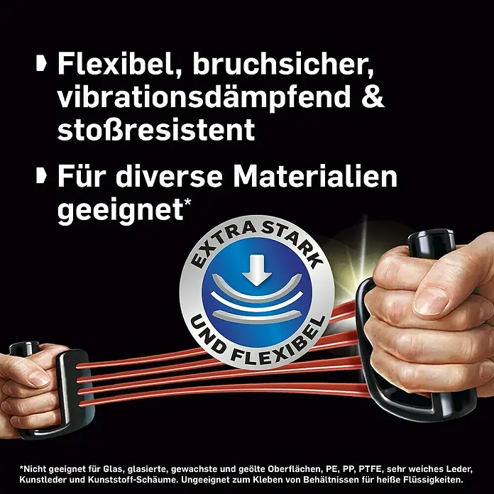Pattex Sekundenkleber Ultra Gel Mini Trio - 1 g, Gelartig, Tube - Produktbild mit dem Hinweis auf Flexibilität, Bruch-, Vibrations- und Stoßfestigkeit des Materials.