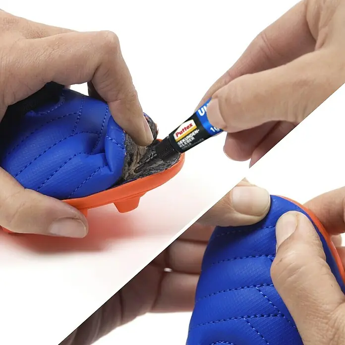 Pattex Sekundenkleber Ultra Gel Mini Trio - 1 g, Gelartig, Tube - Kleben eines blauen Fußballschuhs mit Pattex Sekundenkleber für eine schnelle und zuverlässige Reparatur.