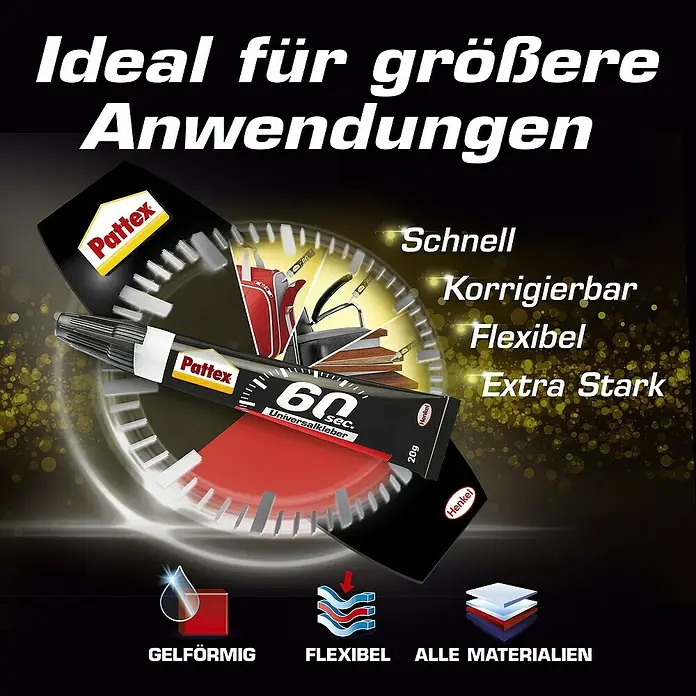 Pattex Alleskleber 60 sec. - 20 g, Gelartig, Gebrauchsfertig - Bild einer Pattex 60 Sekunden Universalkleber-Tube, die für größere Anwendungen geeignet ist. Das Produkt verspricht schnelles, starkes und flexibles Kleben.