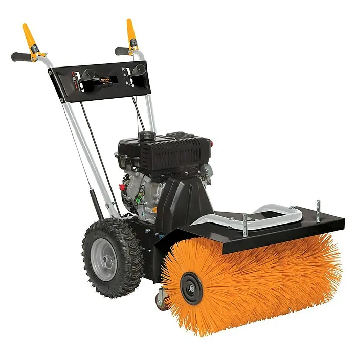 Alpina Kehrmaschine SW 60 P - 4,4 kW, Arbeitsbreite: 60 cm - Abbildung einer Alpina Kehrmaschine, die sich ideal für die Reinigung von Wegen und Einfahrten eignet. Sie hat eine orangefarbene Bürste und einen robusten Motor.