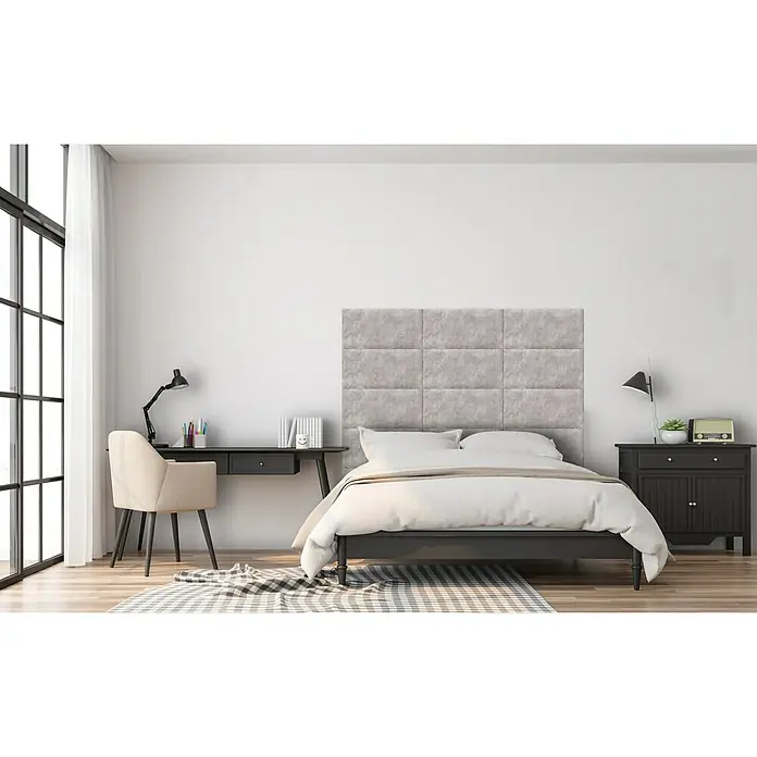 Fllow Wandpolster Preston - Beige, 60 x 30 cm - Stilvolles Schlafzimmer mit einem gepolsterten, grauen Wandpaneel-Kopfteil als Blickfang über einem modern eingerichteten Bett.