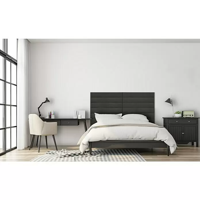 Fllow Wandpolster Velvet - Anthrazit, L x B: 90 x 15 cm - Modernes Schlafzimmer mit dunkelgrauem Polsterkopfteil, dunklem Bettrahmen, passendem Schreibtisch und Nachttisch.