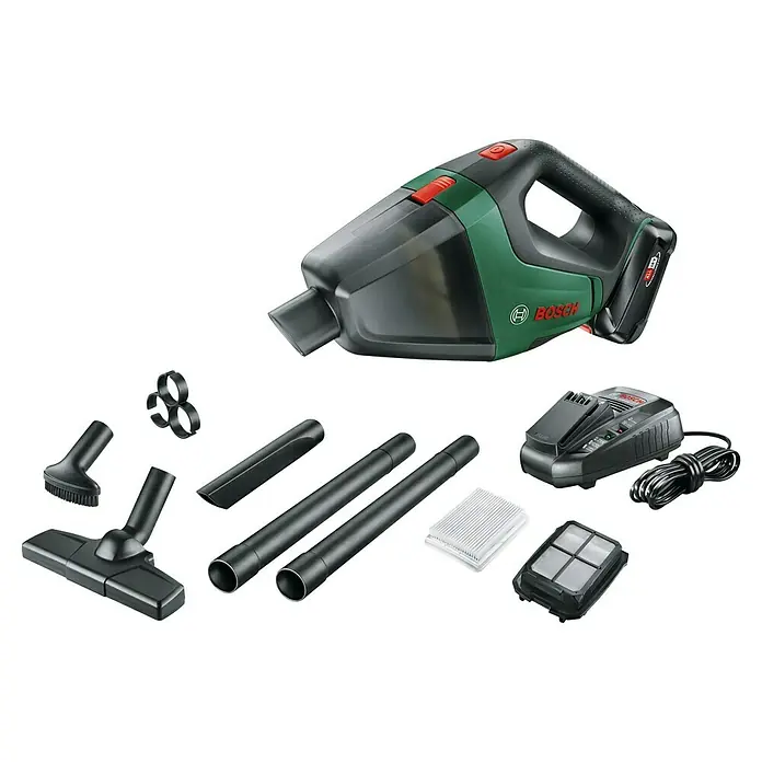 Bosch Power for All 18V Akku-Handstaubsauger UniversalVac 18 - 18 V, 1 Akku, 2,5 Ah, Behältervolumen: 0,5 l - Akkusauger von Bosch mit Zubehör. Das Set enthält verschiedene Aufsätze, Filter und ein Ladegerät für den Akku.