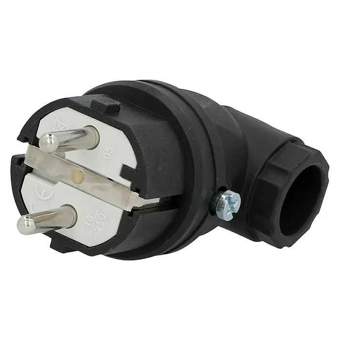 UniTEC Winkel-Schutzkontaktstecker - 250 V, IP44, Schwarz, Kabelknickschutz - Abgewinkelter Schutzkontaktstecker mit Schraubanschluss, geeignet für den flexiblen Einsatz im Innenbereich.