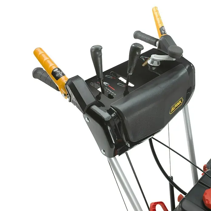 Alpina Quitanieves de gasolina AS 56 P - 4,4 kW, 212 cm³, Anchura de trabajo: 56 cm - Detalle del panel de control de una fresadora de nieve Alpina, diseñado para una operación y ajustes fáciles. Diseño fácil de usar.
