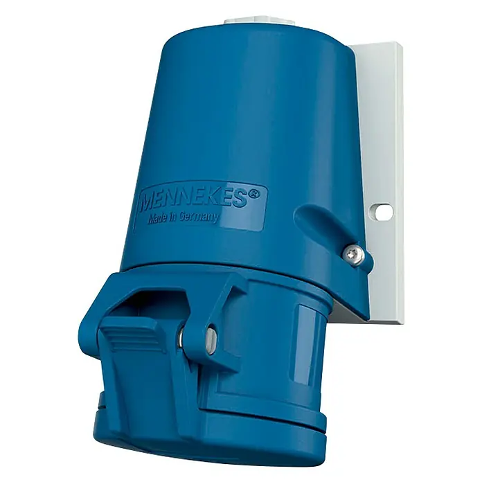 Mennekes CEE-Wandsteckdose TwinContact - 230 V, 3 Stk., IP44 - Nahaufnahme einer blauen Mennekes Steckdose zur Wandmontage, ideal für Industriestromanwendungen mit starkem Schutz.
