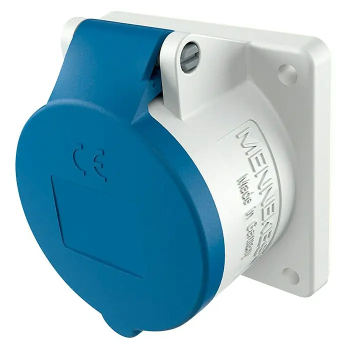 Mennekes CEE-Steckdose Unterputz 1366 - 230 V, 3 Stk., IP44 - Blaue und weiße Mennekes Steckdose für den Außenbereich. Robuste Ausführung mit Klappdeckel.