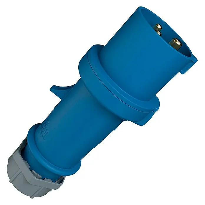 Mennekes CEE-Caravan-Stecker ProTop - 230 V, Polanzahl: 3 Stk., IP44 - Nahaufnahme eines blauen Industriesteckers mit drei Stiften, der für Starkstromanwendungen verwendet wird.