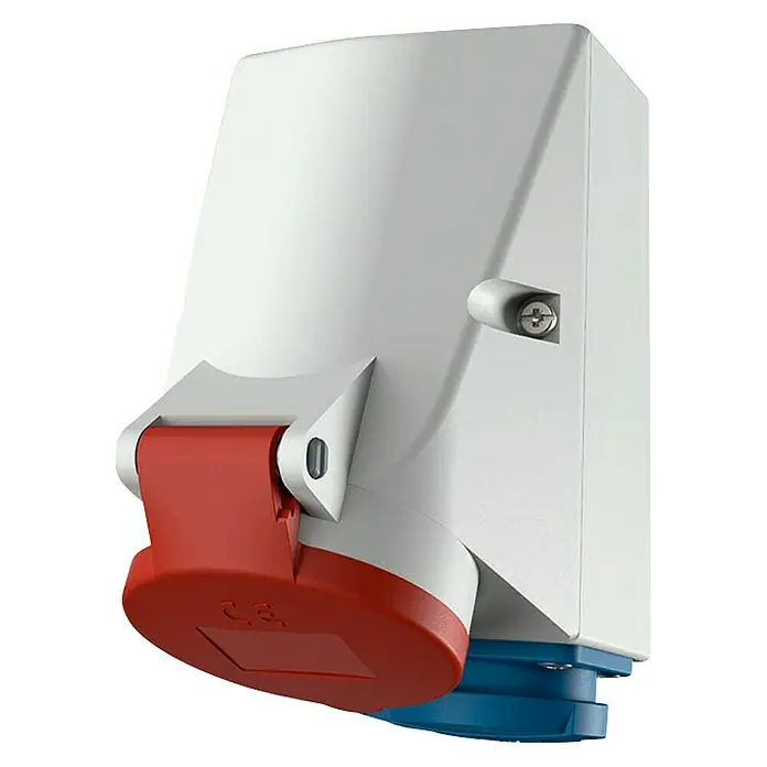 Mennekes CEE-Wandsteckdose TwinContact - 400 V, 5 Stk., IP44, Schutzkontakt-Kupplung - Bild einer industriellen Steckdose mit rotem Deckel und blauem Sockel auf schwarzem Hintergrund.