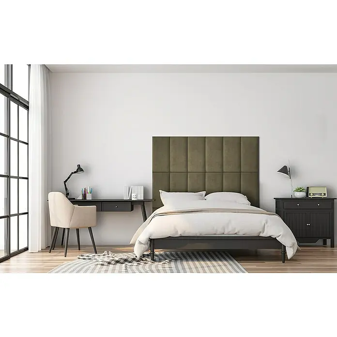 Fllow Wandpolster Velvet - Taupe, L x B: 60 x 30 cm - Bett mit gestepptem Kopfteil in einem modernen Schlafzimmer mit Schreibtisch und Nachttisch. Das elegante Design sorgt für eine entspannende Atmosphäre.