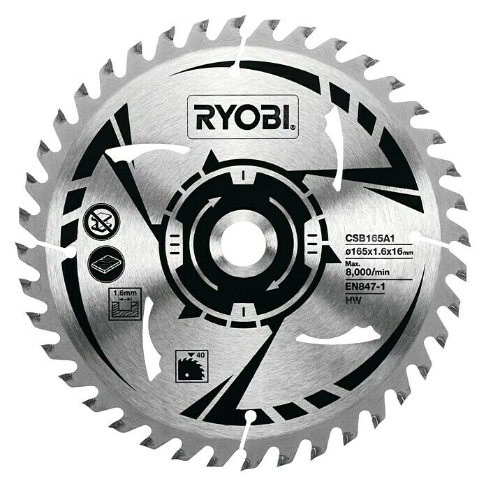 Ryobi Disco de sierra CSB165A1 (Diámetro: 165 mm, Orificio: 16 mm, 40 dientes)