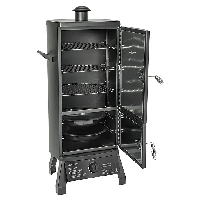 El Fuego Smoker L - Grillfläche (B x T): 32 x 31 cm, 3,5 kW - Abbildung eines Gas-Smokers mit geöffneter Tür, der Einblick auf die Roste und die Kochfläche gewährt. Ideal für köstliche Grillgerichte.