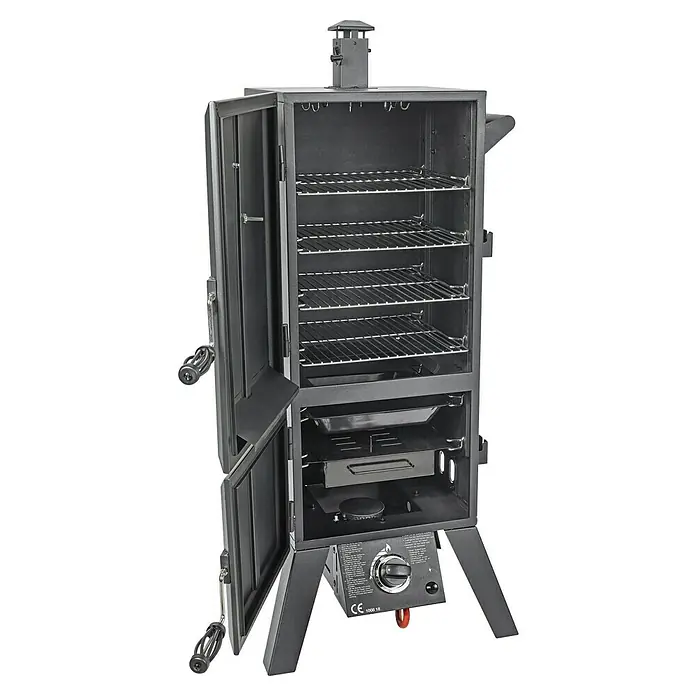 El Fuego Smoker XL - Grillfläche (B x T): 35 x 34 cm, 4,4 kW - Ein vielseitiger schwarzer BBQ-Smoker mit offenen Türen, ideal zum Räuchern von Fleisch und Gemüse. Er verfügt über mehrere Regale und Haken.