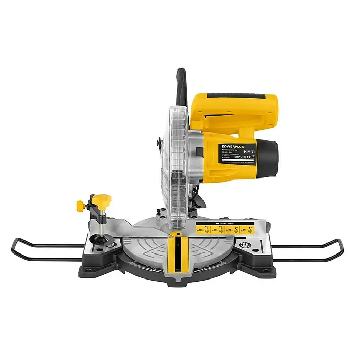 PowerPlus Sierra ingletadora POWX075700 - 1.500 W, Diámetro hoja de sierra: 210 mm, 5.000 r.p.m. - Una sierra ingletadora Powerplus amarilla y negra, sobre un fondo negro. Para cortes precisos en madera y más.