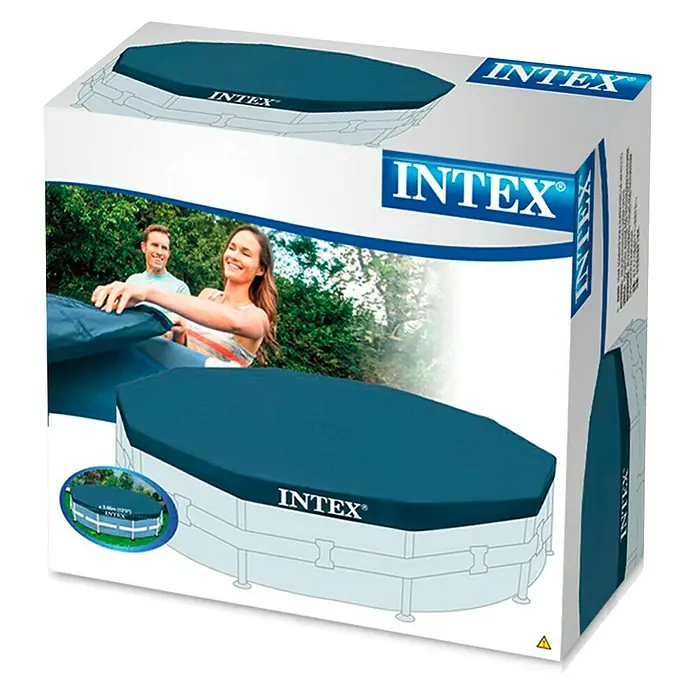 Intex Cubierta de piscina Frame Pool - Diámetro: 366 cm, Material: Plástico - Embalaje de una cubierta de piscina Intex, que muestra una cubierta azul oscuro sobre una piscina, con el logo de Intex bien visible.