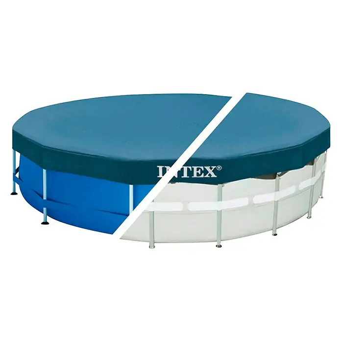 Intex Cubierta de piscina Frame Pool - Diámetro: 366 cm, Material: Plástico - Imagen de una cubierta de piscina Intex parcialmente montada en una piscina redonda, con la cubierta mostrada en azul y el logotipo de Intex visible.