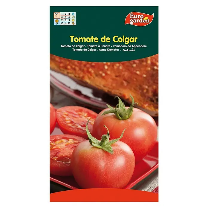Euro Garden Semillas de vegetales Tomate haengen - Cosecha: Mayo - Paquete de semillas "Tomate de Colgar" de Eurogarden con tomates frescos en la portada.