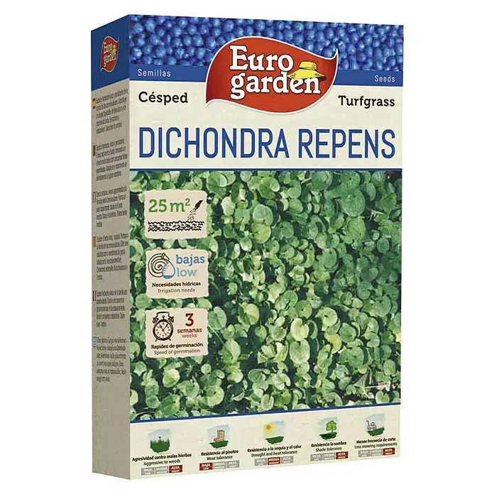 Euro Garden Semillas Dichondra repens - 250 g, 25 m² - Paquete de semillas de césped Euro garden Dichondra Repens, cubre 25m². Germinación rápida, bajas necesidades de riego.
