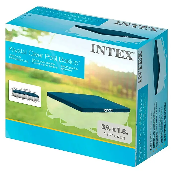 Intex Cubierta de piscina Prisma - L x An: 400 x 200 cm - Foto del producto de una cubierta de piscina rectangular Krystal Clear Pool Basics de Intex en azul y blanco.